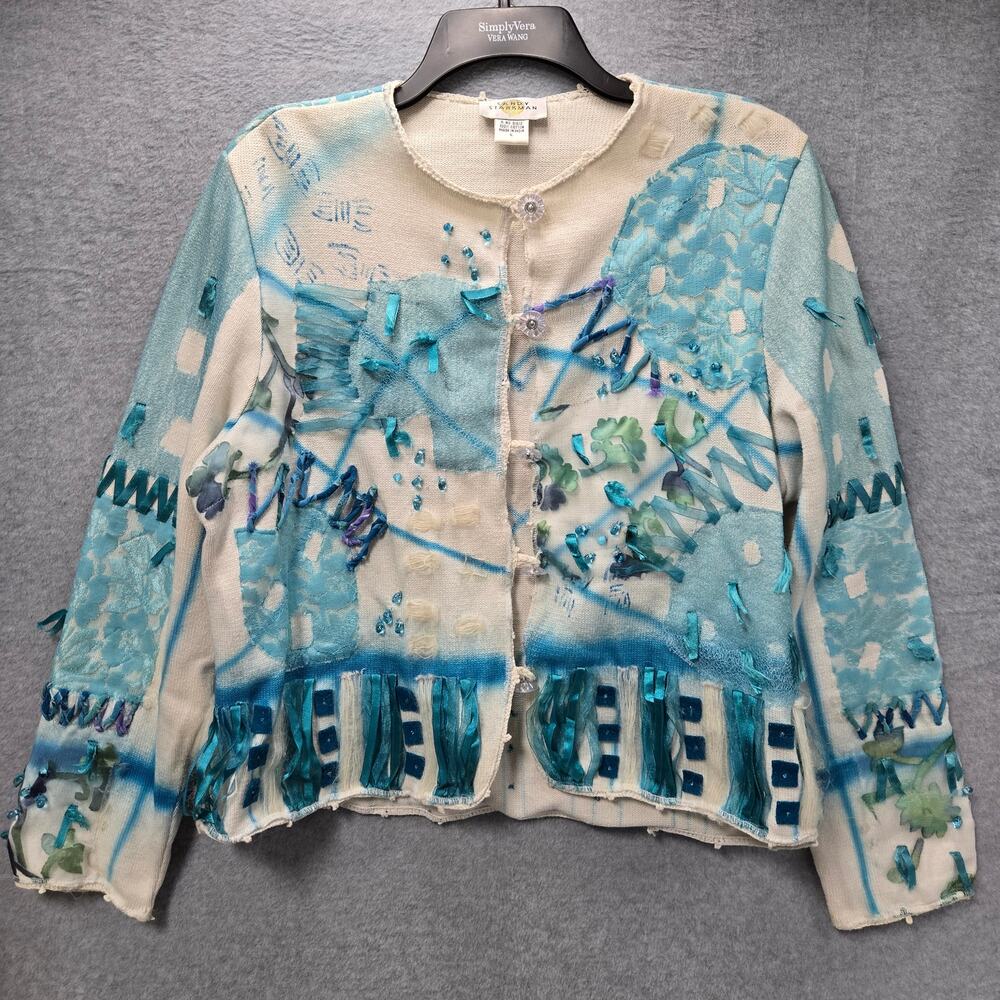 Artisan Embroidered Button-Front Cardigan - Blue/Cream